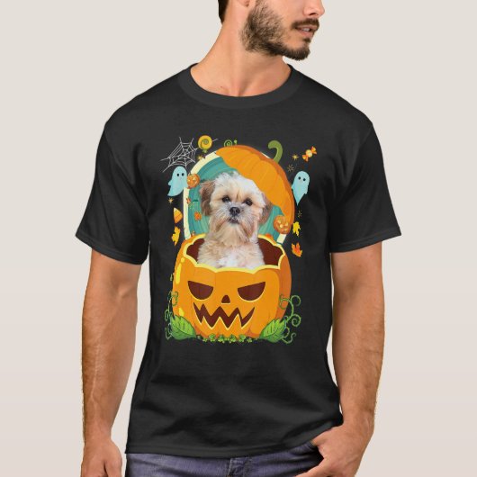 ハッピーハローウィンカボチャ七本犬の魔女かわいい帽子 Tシャツ (正面)