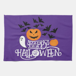 ハッピーハローウィンカボチャ幽霊こうもり文字紫 キッチンタオル