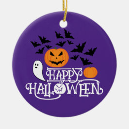 ハッピーハローウィンカボチャ幽霊こうもり文字紫 セラミックオーナメント