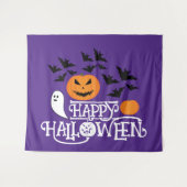 ハッピーハローウィンカボチャ幽霊こうもり文字紫 タペストリー (正面(横))