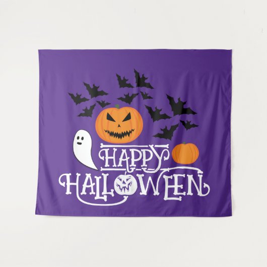 ハッピーハローウィンカボチャ幽霊こうもり文字紫 タペストリー (正面(横))