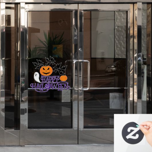 ハッピーハローウィンカボチャ幽霊こうもり紫文字 ウィンドウサイン (オフィスドア)