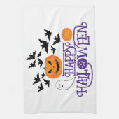 ハッピーハローウィンカボチャ幽霊こうもり紫文字 キッチンタオル (縦)