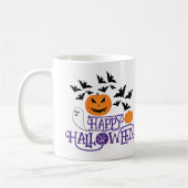 ハッピーハローウィンカボチャ幽霊こうもり紫文字 コーヒーマグカップ (左)
