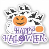 ハッピーハローウィンカボチャ幽霊こうもり紫文字 シール (正面)