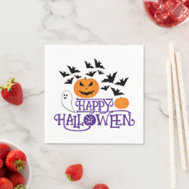ハッピーハローウィンカボチャ幽霊こうもり紫文字 スタンダードカクテルナプキン