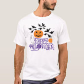 ハッピーハローウィンカボチャ幽霊こうもり紫文字 Tシャツ (正面)