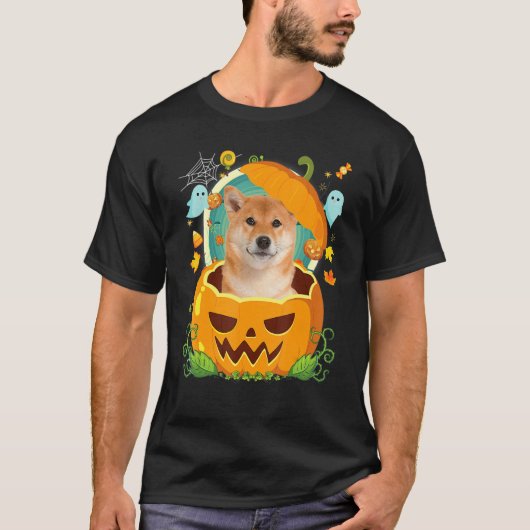 ハッピーハローウィンカボチャ柴犬ドッグウィッチキュートH Tシャツ (正面)
