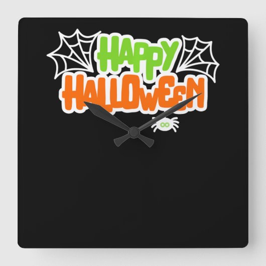 ハッピーハローウィンカラフルかわいいクモの巣 スクエア壁時計 (正面)