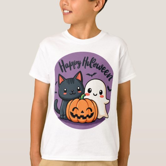 ハッピーハローウィンキャット、幽霊、カボチャ Tシャツ (正面)