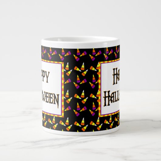 ハッピーハローウィンキャンディパターンのブラックジャンボマグカップ ジャンボコーヒーマグカップ (正面)