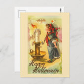 ハッピーハローウィンキャンドルスティックとガールヴィンテージ ポストカード (正面/裏面)