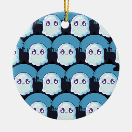 ハッピーハローウィンキュートおもしろいベビー幽霊ブルーパターン セラミックオーナメント (正面)