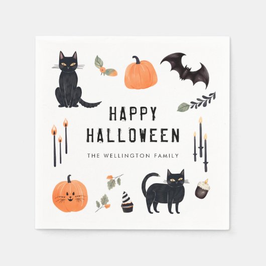 ハッピーハローウィンキュートキャットカボチャこうもり スタンダードカクテルナプキン (正面)