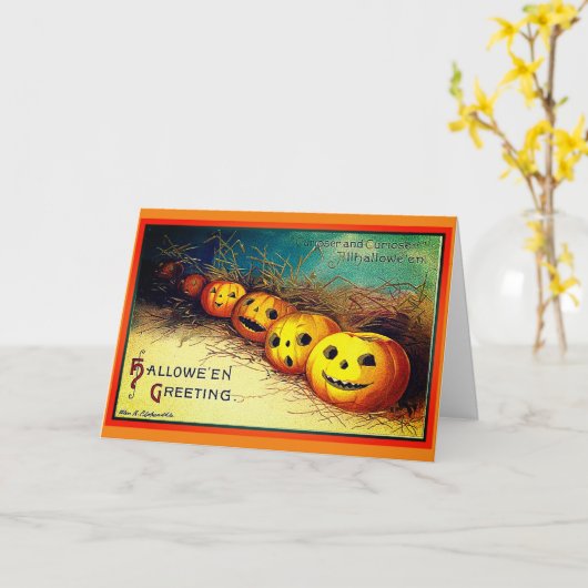 ハッピーハローウィングリーティングカボチャの列カード カード (黄色い花)