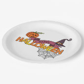 ハッピーハローウィングリーティング、カボチャ、スパイダーウェブウィッチ ペーパープレート (アングル)