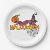 ハッピーハローウィングリーティング、カボチャ、スパイダーウェブウィッチ ペーパープレート (正面)