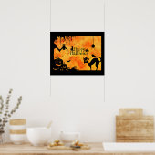 ハッピーハローウィンシルエットブラックキャットアンドフレンズ ポスター (キッチン)