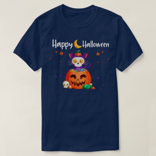 ハッピーハローウィンジャックオールタンカボチャおもしろい猫ハル Tシャツ (デザイン正面)