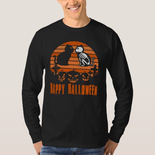 ハッピーハローウィンスケルトンキャットレトロサンセット Tシャツ (正面)