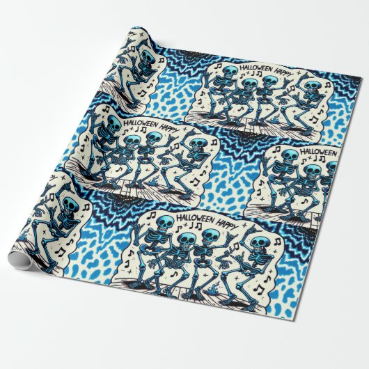 ハッピーハローウィンスケルトン：ダンスパーティータイダイ ラッピングペーパー (アンロールド)