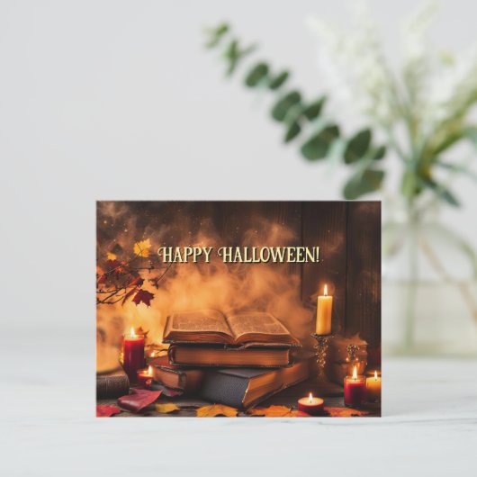 ハッピーハローウィンスペルブックとキャンドル神秘的 シーズンポストカード (スタンド正面)