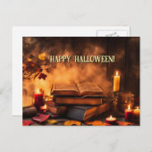 ハッピーハローウィンスペルブックとキャンドル神秘的 シーズンポストカード (正面/裏面)
