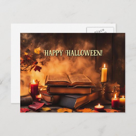 ハッピーハローウィンスペルブックとキャンドル神秘的 シーズンポストカード (正面/裏面)