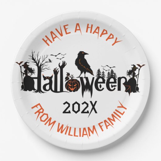 ハッピーハローウィンタイポグラフィとシンボルデザイン ペーパープレート (正面)
