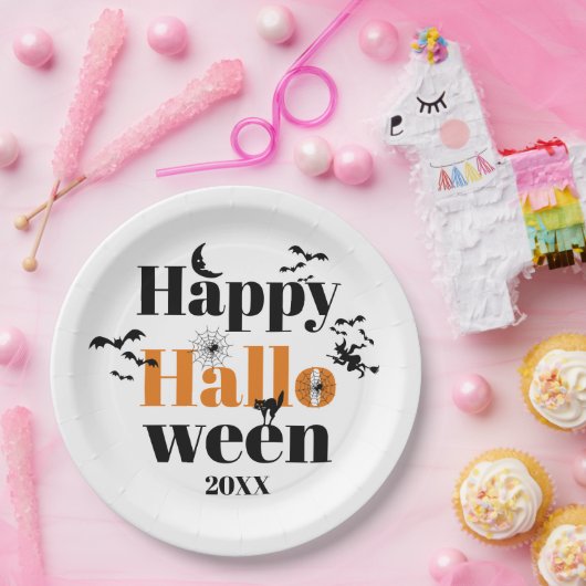 ハッピーハローウィンタイポグラフィとヴィンテージ ペーパープレート (パーティー)