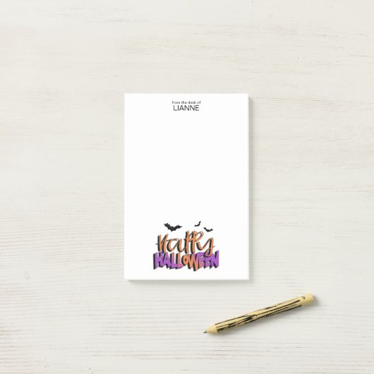 ハッピーハローウィンタイポグラフィ付き/こうもりオレンジID685 ポストイット (デスク上)