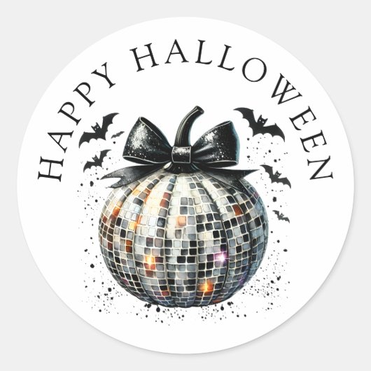 ハッピーハローウィンディスコボールパンプキンブラックボウ ラウンドシール (正面)