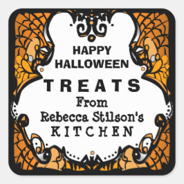 ハッピーハローウィントリートオレンジブラック&ホワイトカスタム スクエアシール