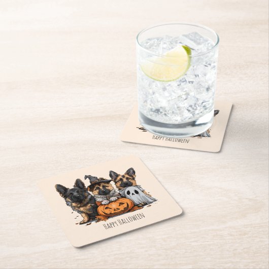 ハッピーハローウィンドイツの羊飼い犬 スクエアペーパーコースター (インサイチュ)