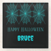 ハッピーハローウィンネオンブルースパイダーウェブブラック ガラスコースター (正面)