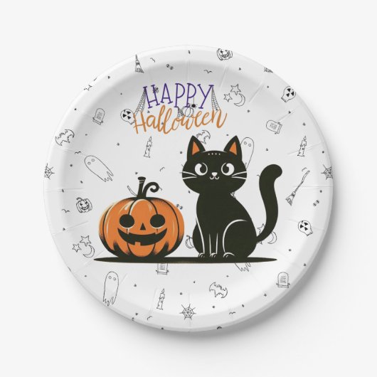 ハッピーハローウィンネコとカボチャ ペーパープレート (正面)