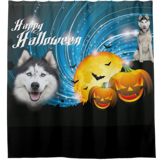 ハッピーハローウィンハスキー シャワーカーテン (正面)