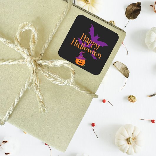ハッピーハローウィンハロウィーンのカボチャのちょうちんブラック スクエアシール
