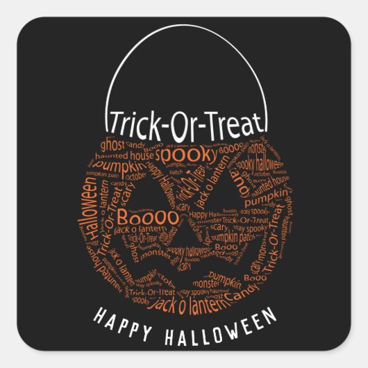 ハッピーハローウィンハロウィーンのカボチャのちょうちんワードアートオレンジ スクエアシール (正面)