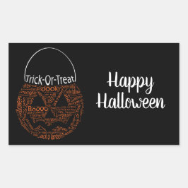 ハッピーハローウィンハロウィーンのカボチャのちょうちんワードアートオレンジ 長方形シール