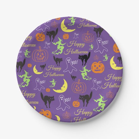 ハッピーハローウィンパターン紫 ペーパープレート (正面)