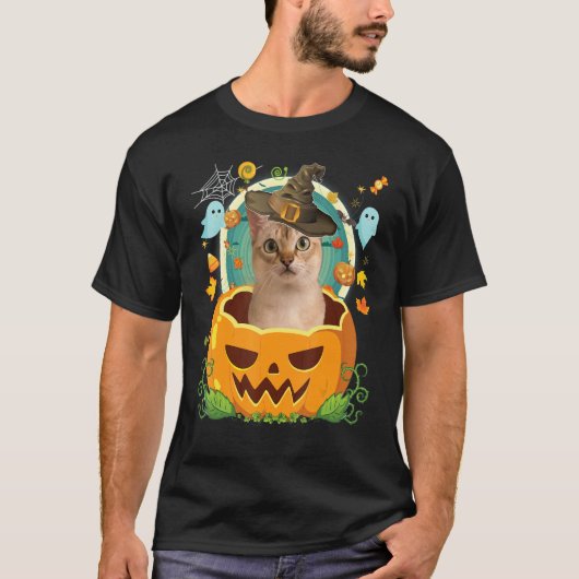 ハッピーハローウィンパンプキンシンガポールキャットウィッチキュートH Tシャツ (正面)