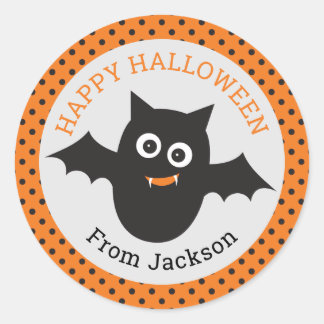 ハッピーハローウィンパーソナライズされたこうもりシール ラウンドシール