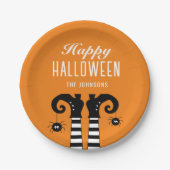 ハッピーハローウィンパーソナライズされたウィッチ足オレンジ ペーパープレート (正面)