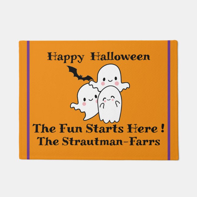 ハッピーハローウィンパーソナライズ幽霊こうもりオレンジ ドアマット (正面)