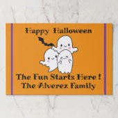 ハッピーハローウィンパーソナライズ幽霊オレンジ色ランチョンマット ペーパーパッド (正面)
