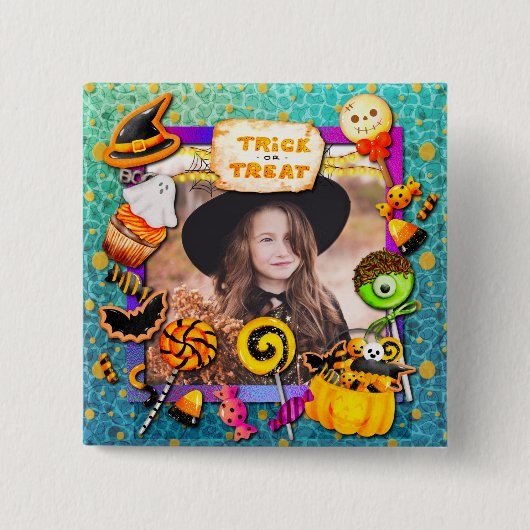 ハッピーハローウィンパーティーにトリックオアトリートが詰まっている 缶バッジ (正面)