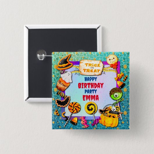 ハッピーハローウィンパーティーにトリックオアトリートが詰まっている 缶バッジ (正面&裏面)