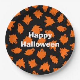 ハッピーハローウィンパーティーオレンジ幽霊 ペーパープレート