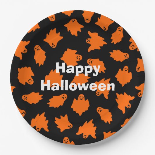 ハッピーハローウィンパーティーオレンジ幽霊 ペーパープレート (正面)